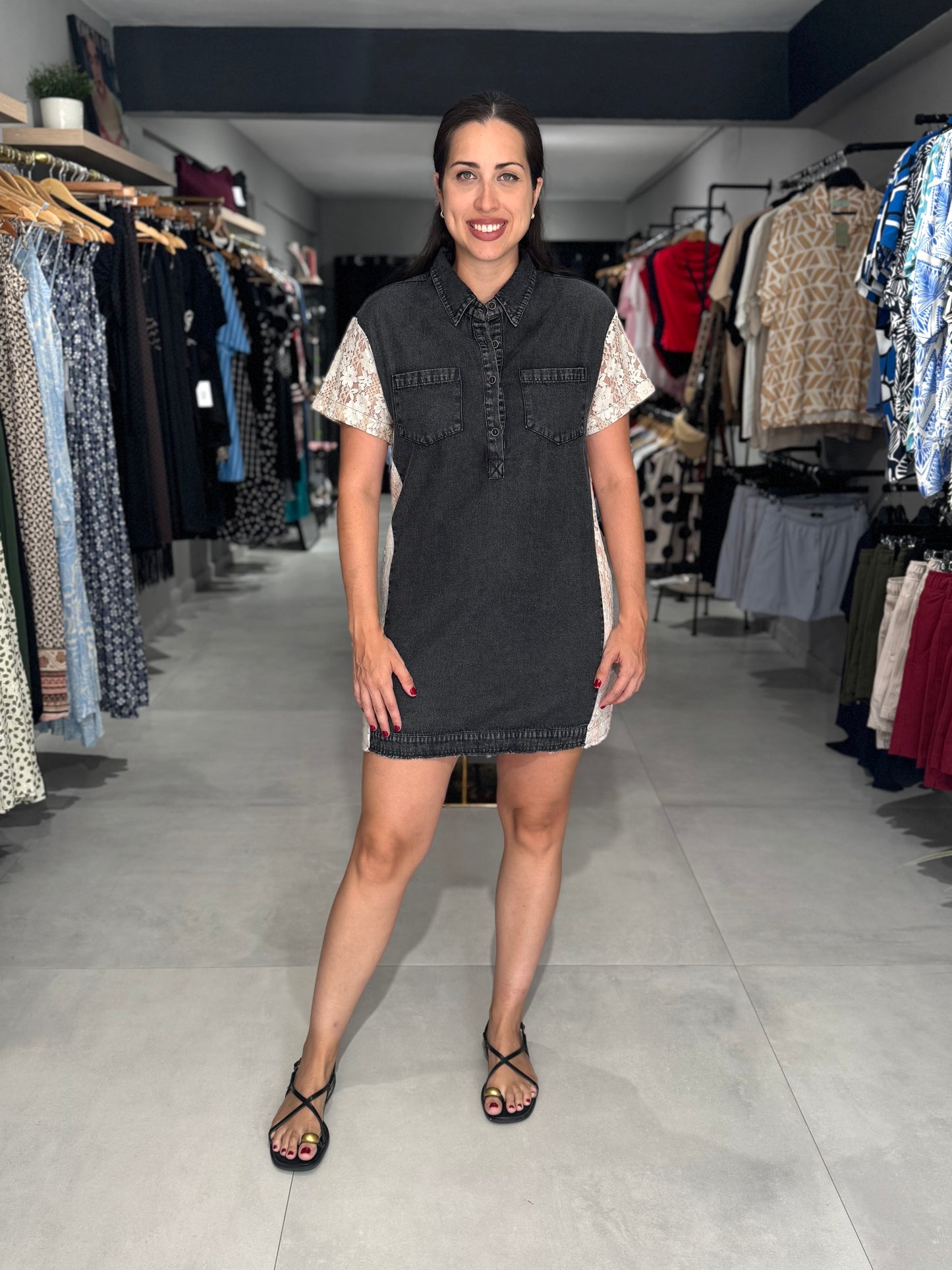 Lace Detail Denim Dress | DARK DENIM