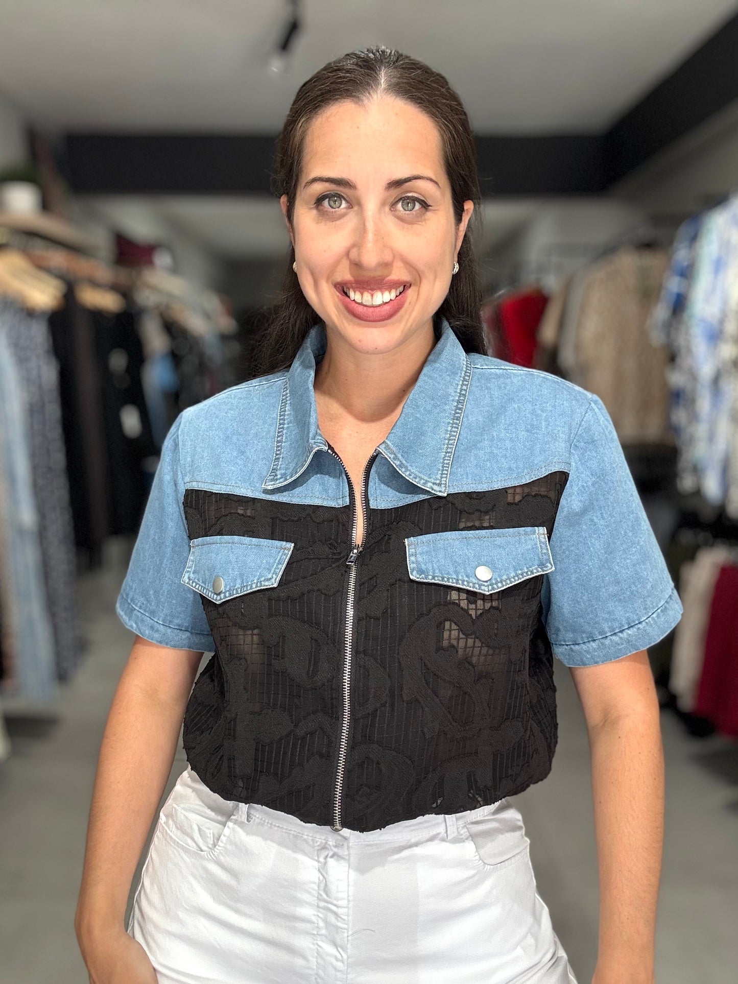 Denim Lace Detail Blouse | BLACK