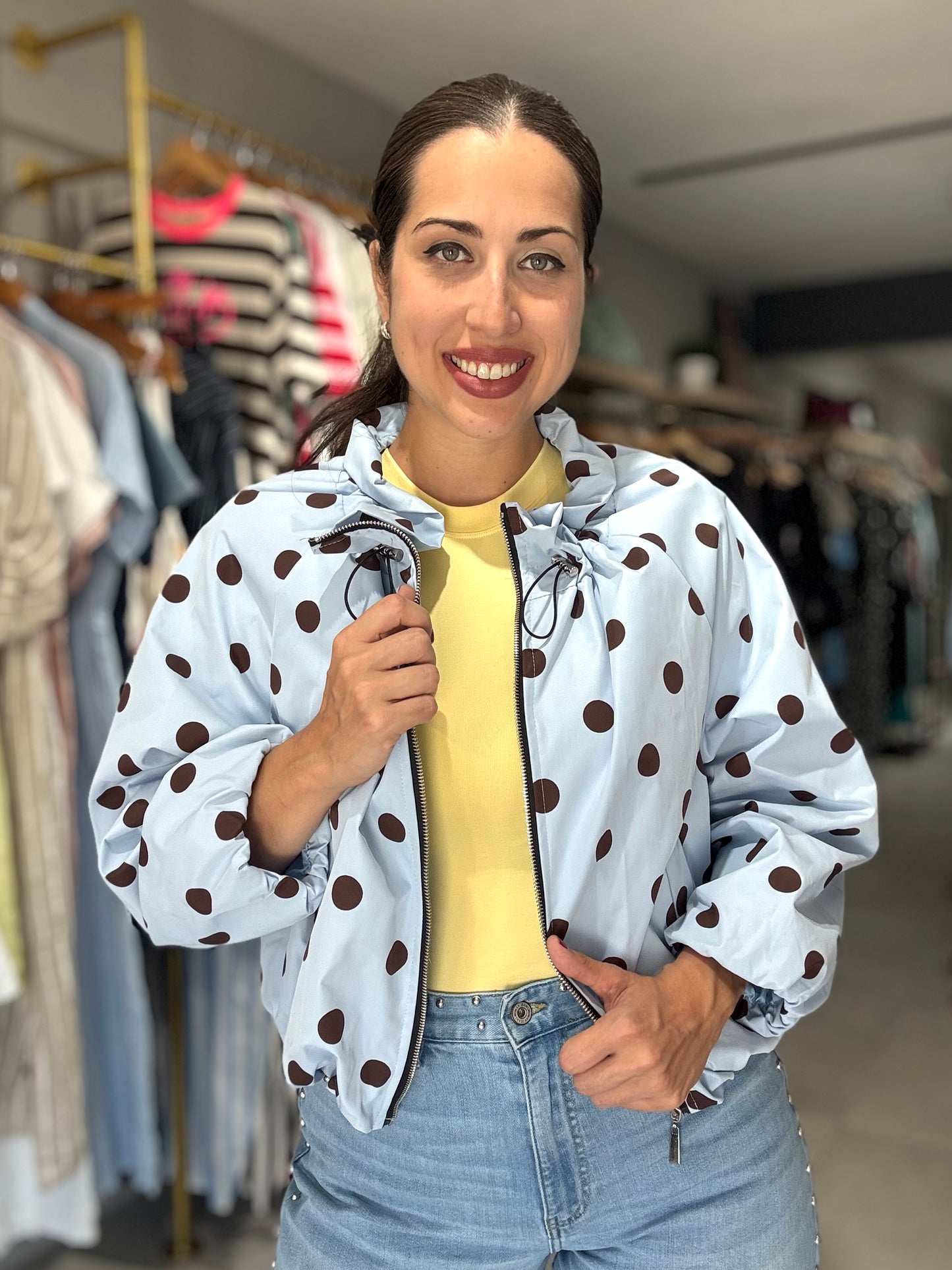 Polka Dot Bomber Jacket | SKY BLUE