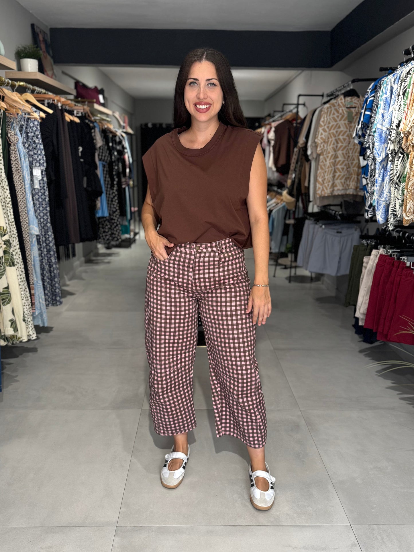 Gingham Print Barrel Pant | Pink & Brown