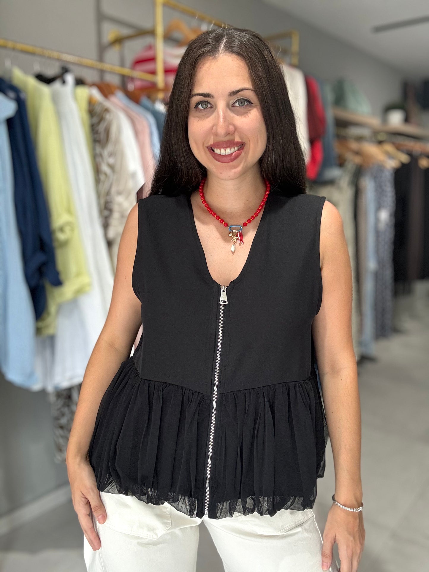 Mesh Detail Vest Blouse | BLACK