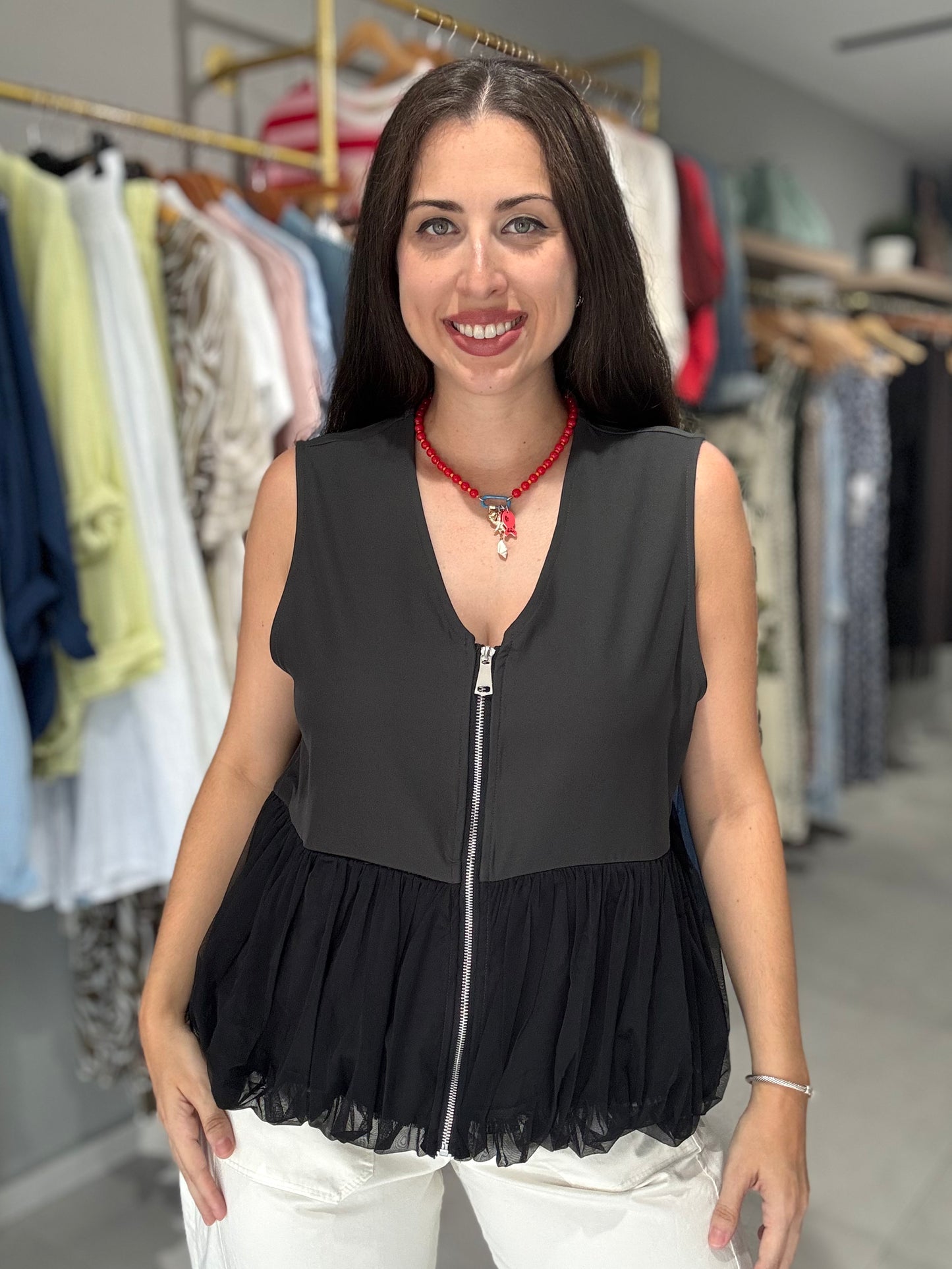 Mesh Detail Vest Blouse | MIDNIGHT GRAY