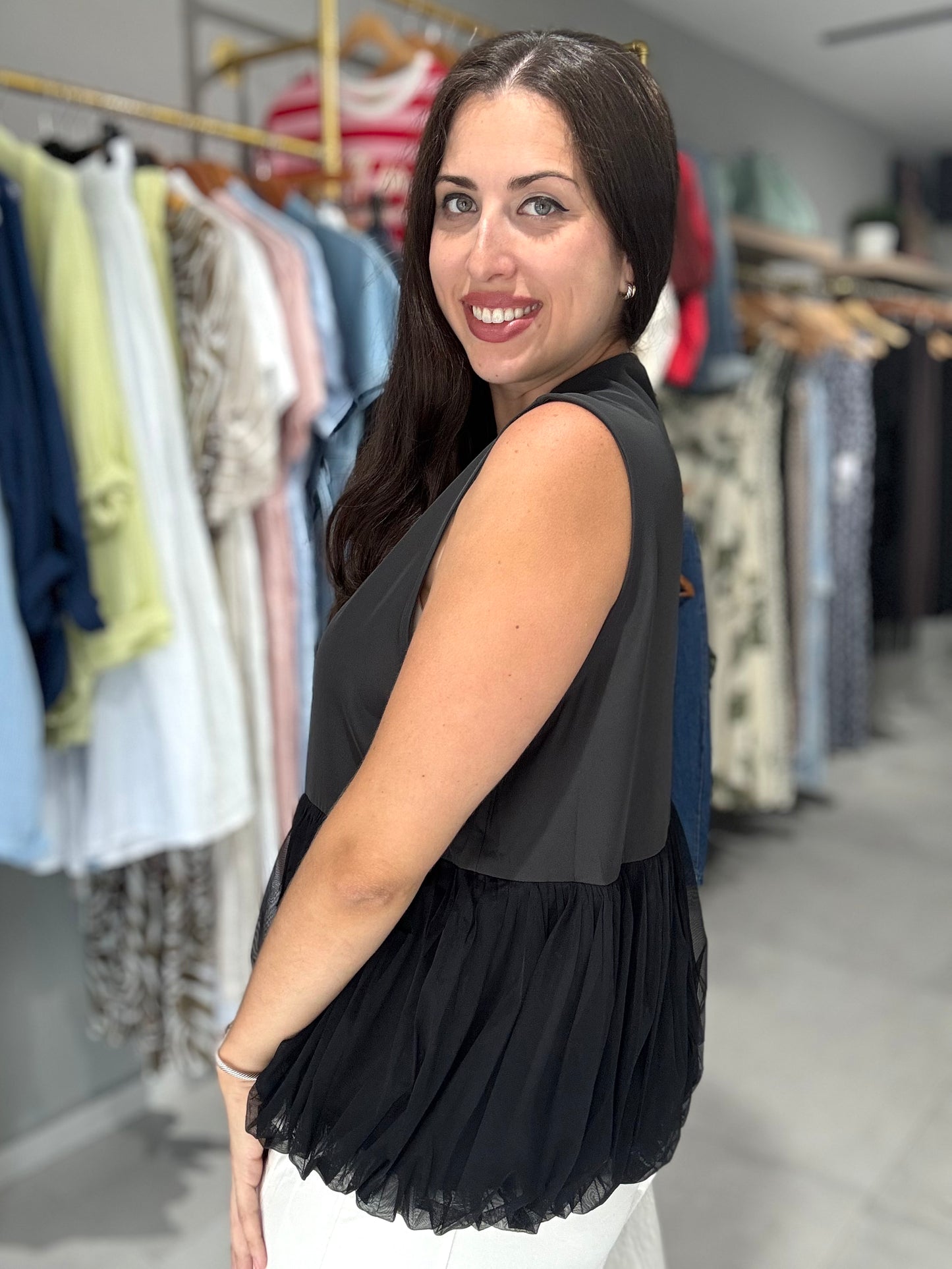 Mesh Detail Vest Blouse | MIDNIGHT GRAY
