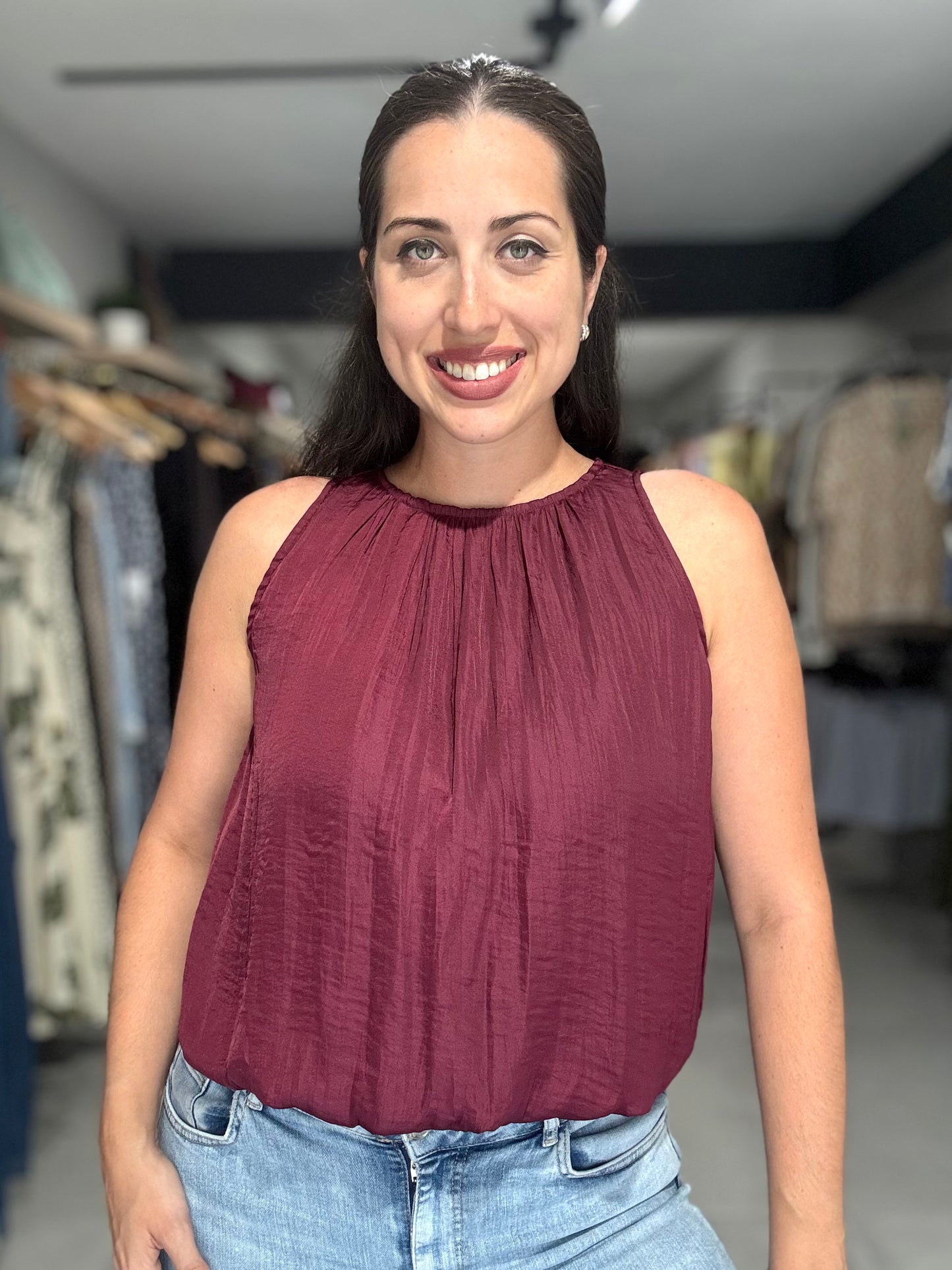PRE ORDER | Bubble Trim Sleeveless Blouse | DEEP FIG