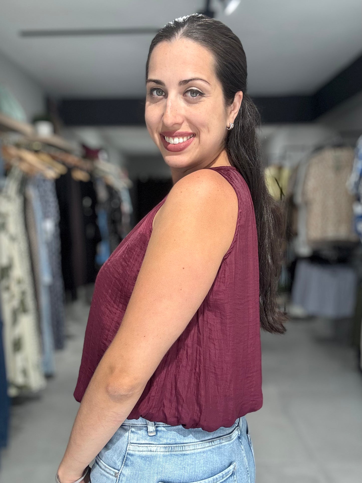 PRE ORDER | Bubble Trim Sleeveless Blouse | DEEP FIG