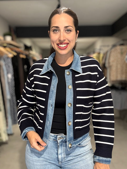 Denim Trim Striped Jacket | NAVY