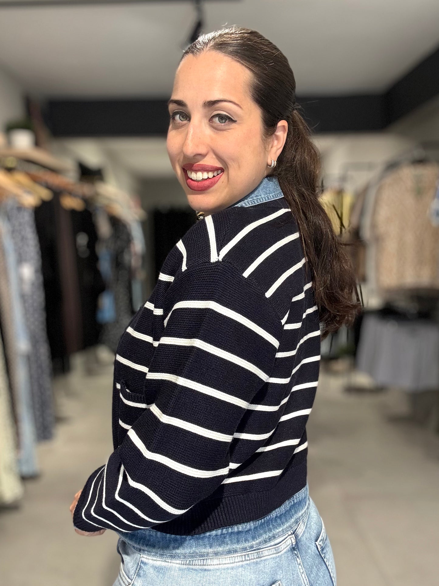 Denim Trim Striped Jacket | NAVY