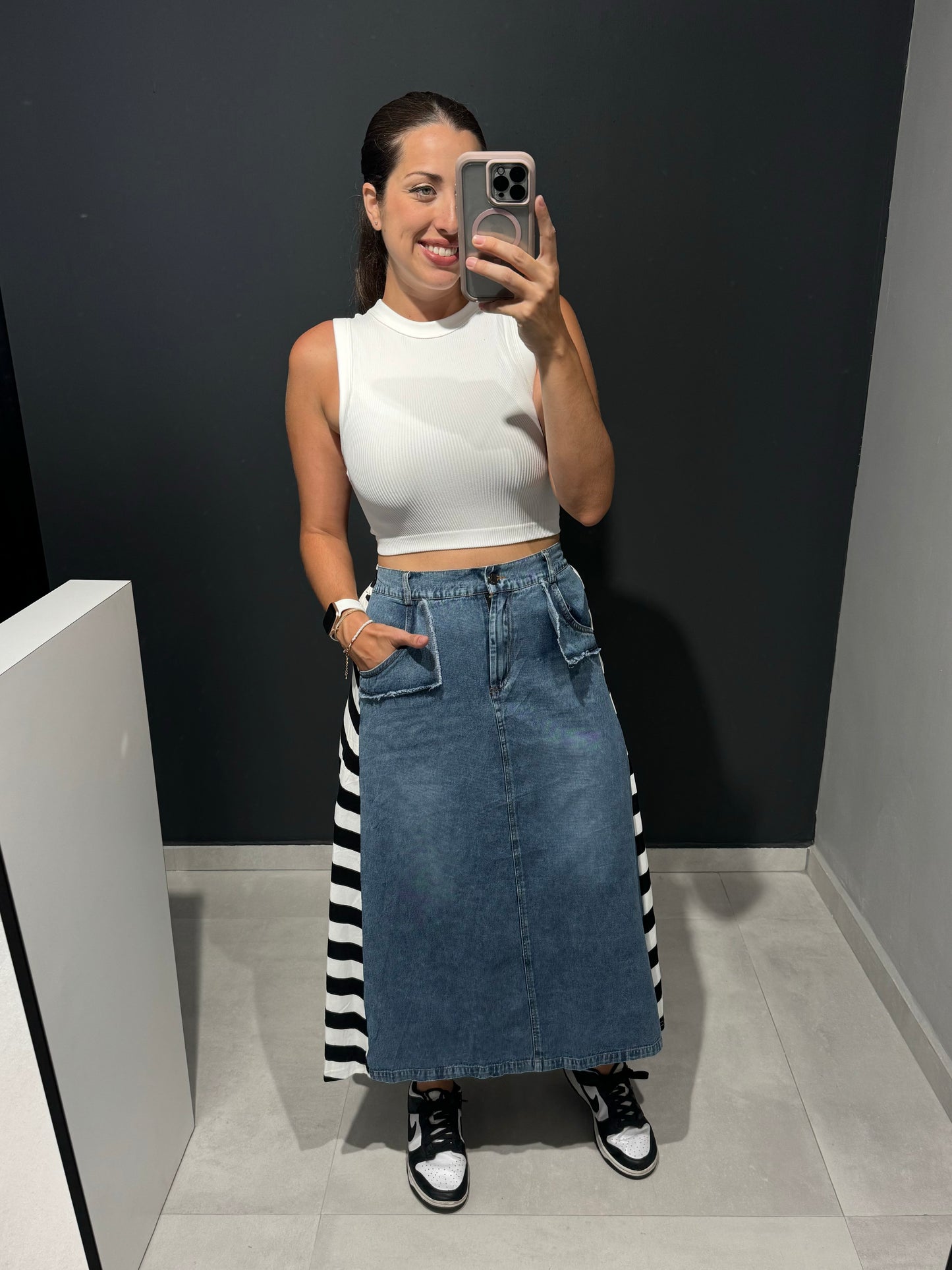 PRE ORDER | Kelly Stripe Denim Midi Skirt