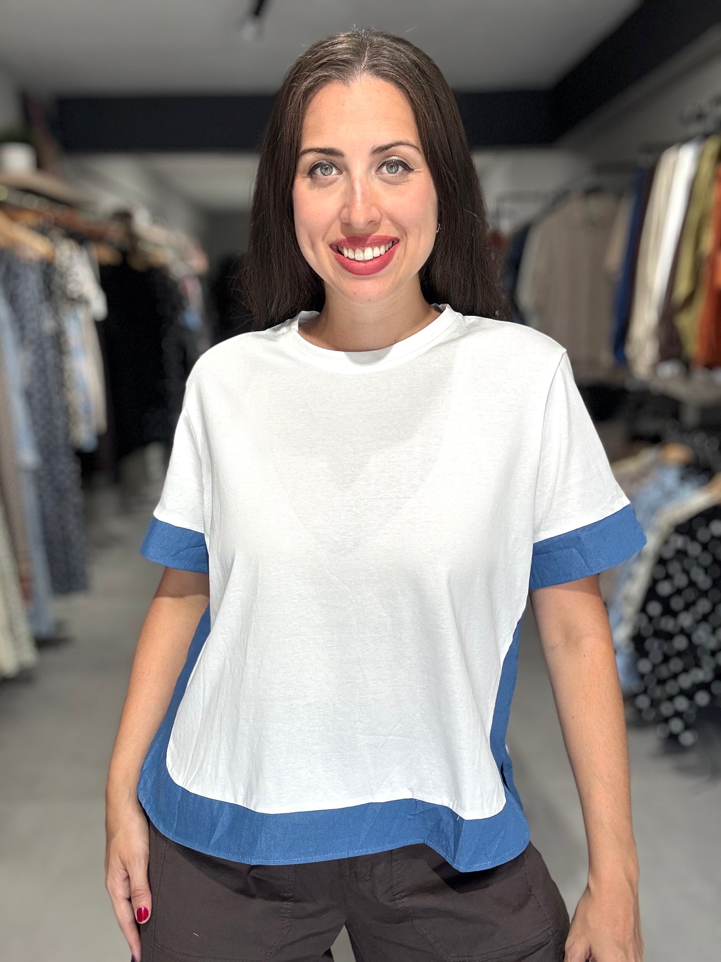 Denim Trim Tee Blouse | WHITE