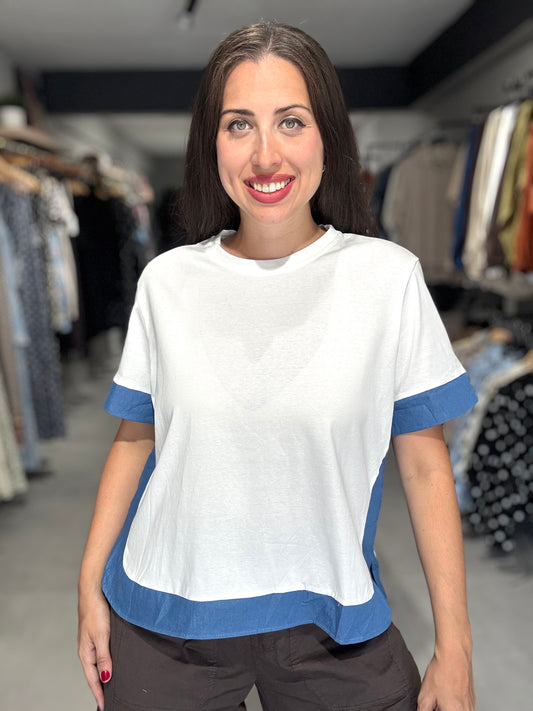 Denim Trim Tee Blouse | WHITE