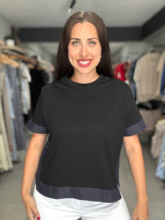 Denim Trim Tee Blouse | BLACK