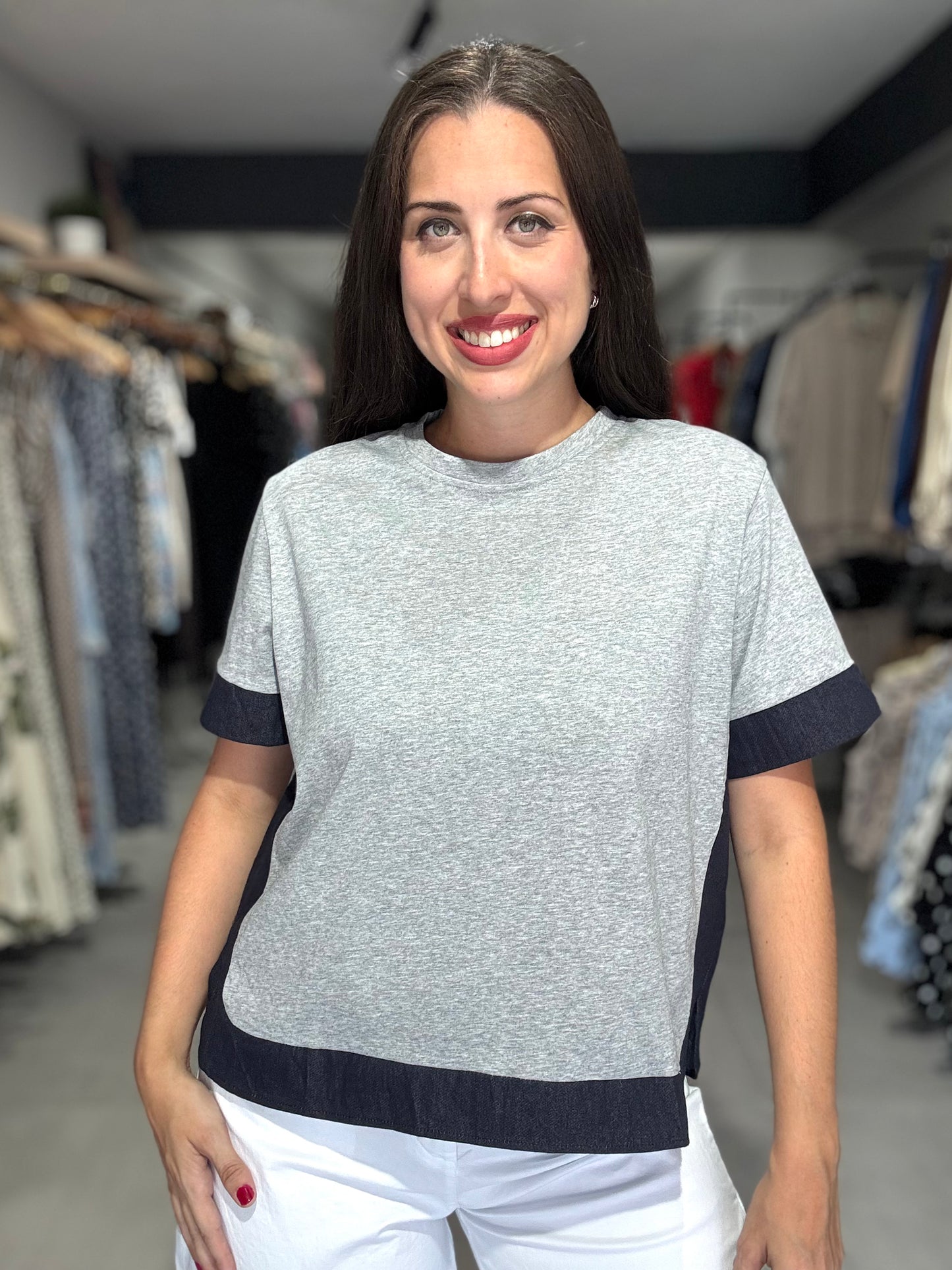 Denim Trim Tee Blouse | GRAY