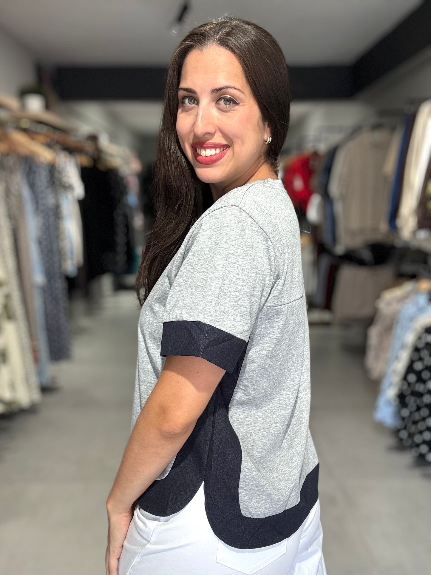 Denim Trim Tee Blouse | GRAY