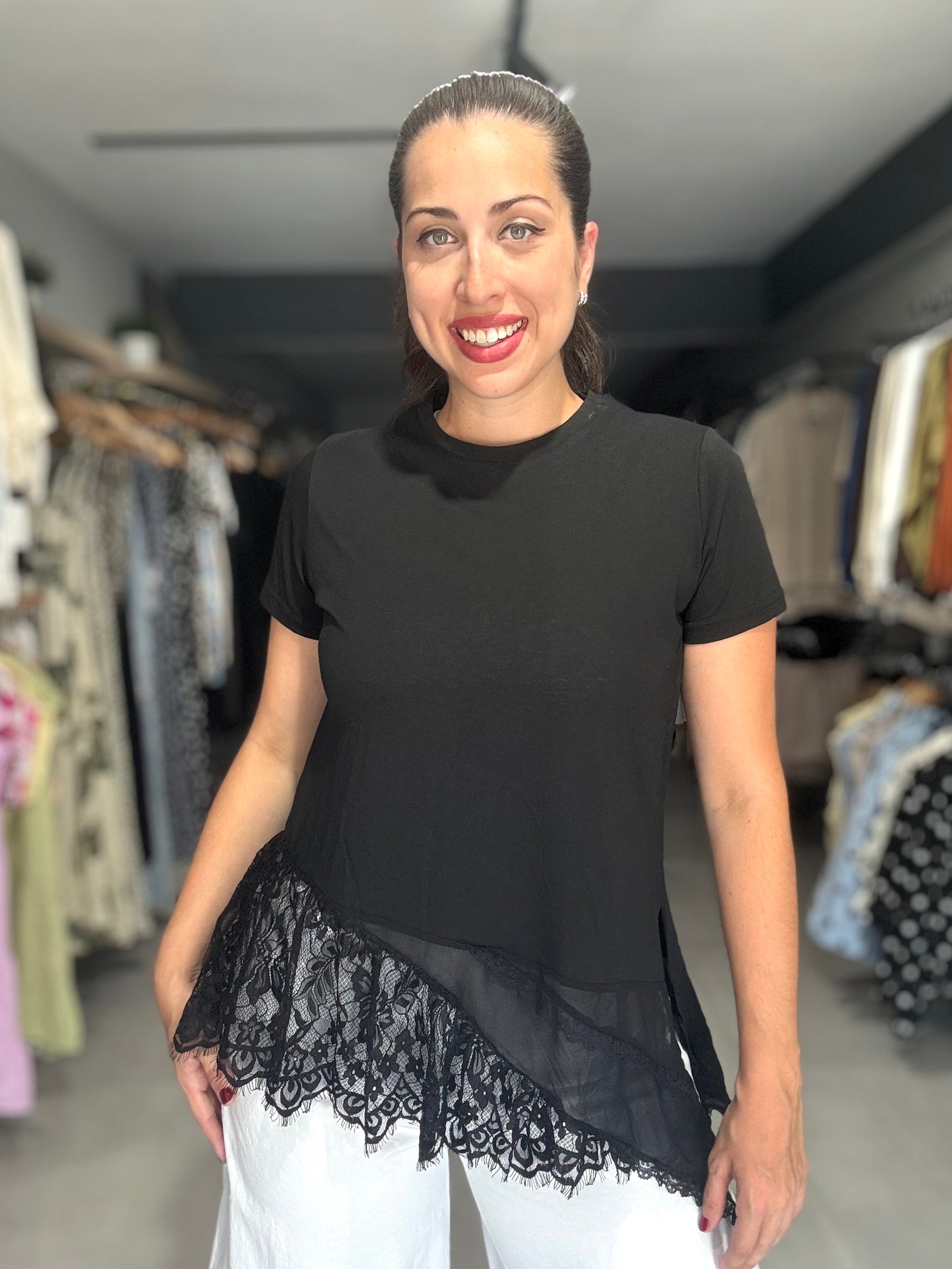 Lace Trim Tee Blouse | BLACK