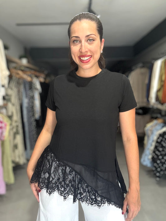 Lace Trim Tee Blouse | BLACK