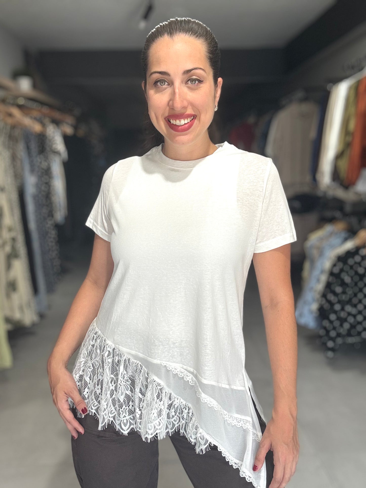 Lace Trim Tee Blouse | WHITE