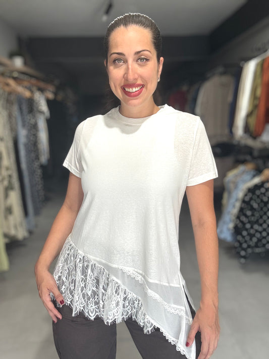 Lace Trim Tee Blouse | WHITE