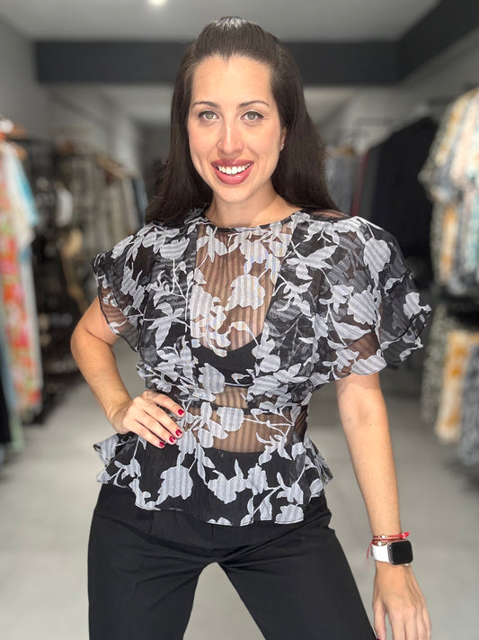 Sheer Floral Ruffle Blouse