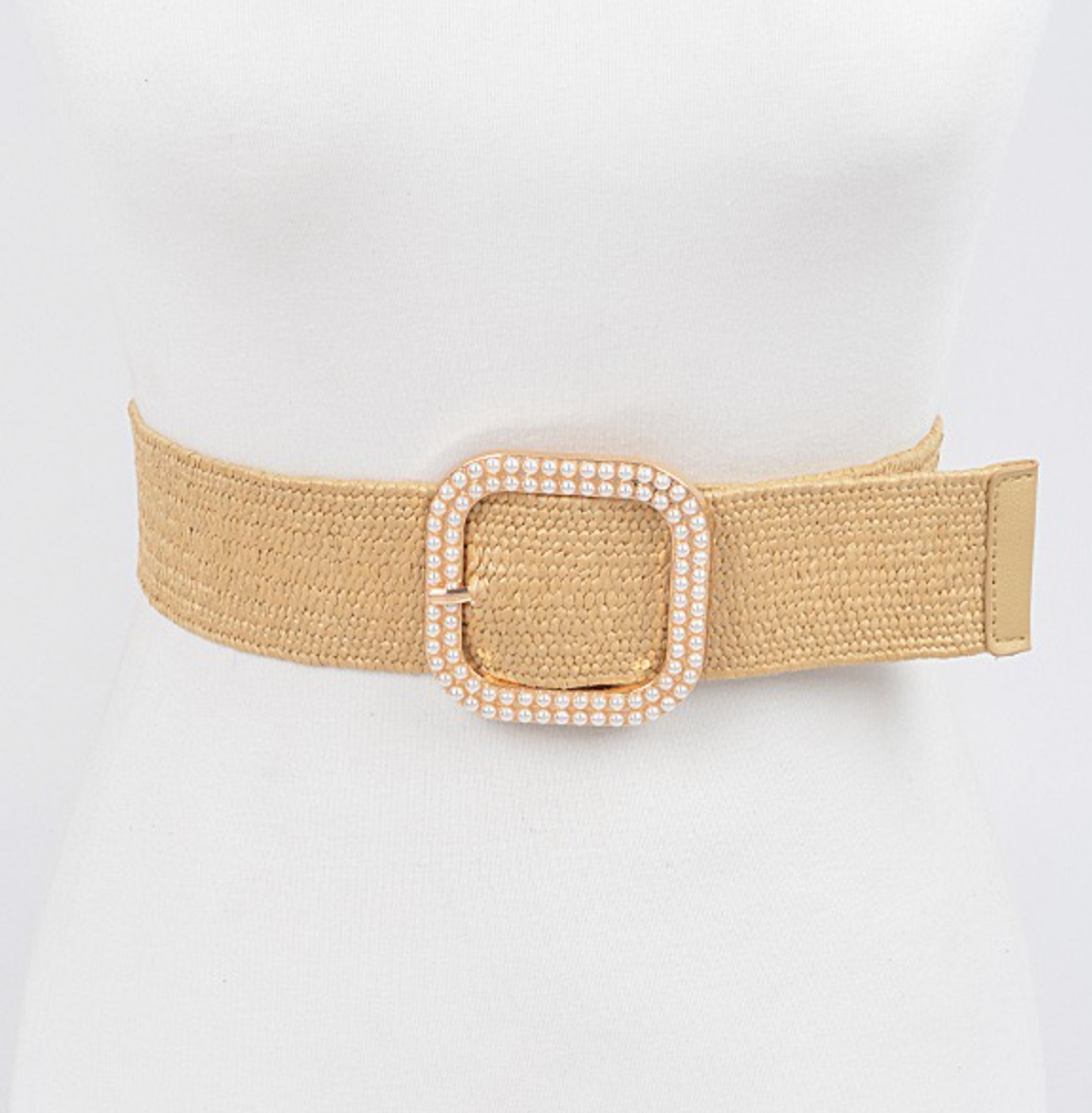 Pearl Buckle Straw Belt | BEIGE