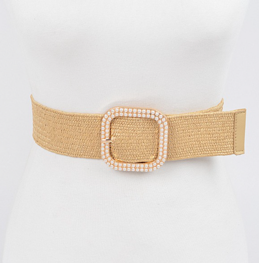 Pearl Buckle Straw Belt | BEIGE