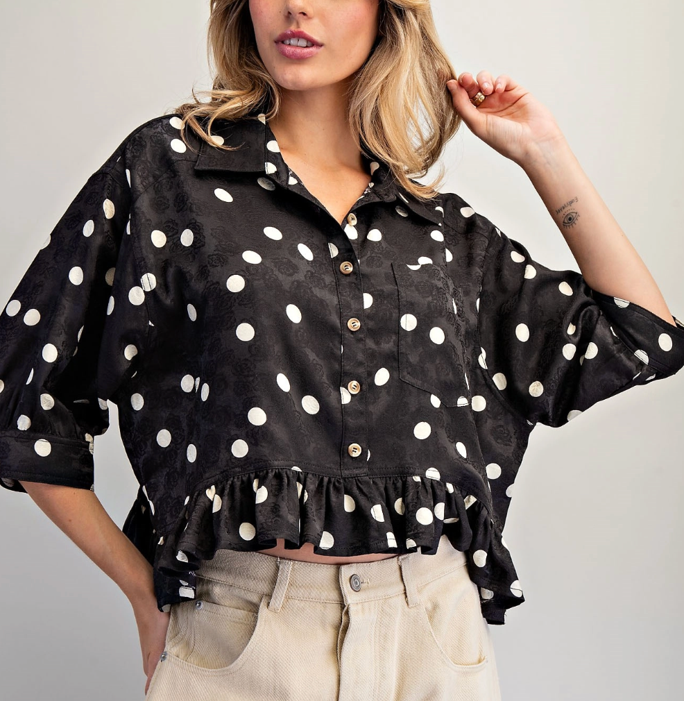 Polka Dot Button Down Blouse | BLACK